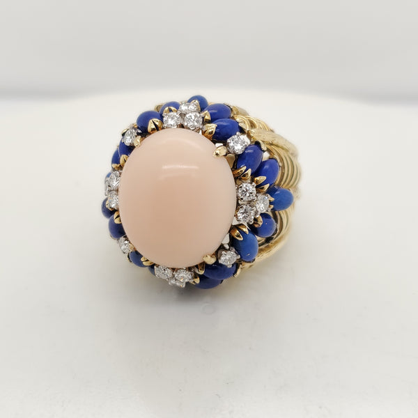 18kt Yellow Gold Coral Lapis and Diamond Ring