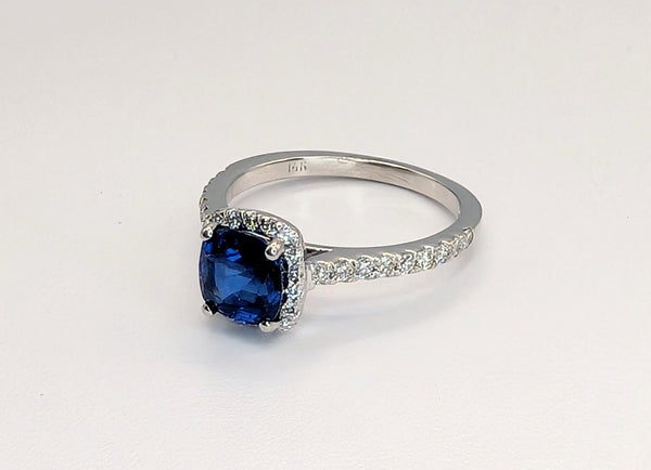14K White Gold Royal Blue Sapphire and Diamond Ring