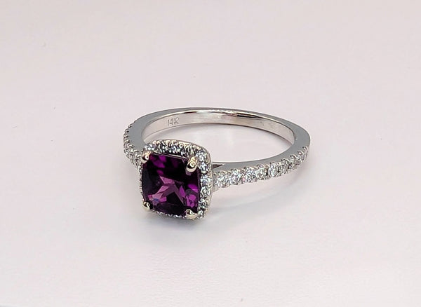 14K White Gold Rhodolite Garnet and Diamond Ring