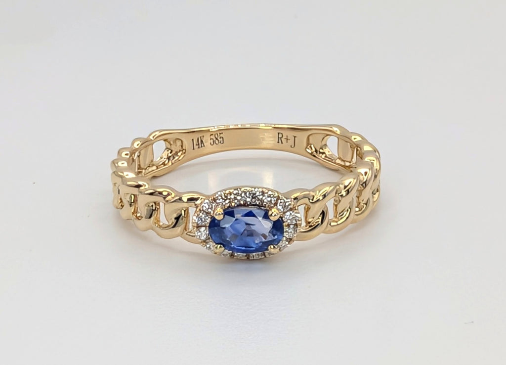 14K Yellow Gold Sapphire and Diamond Chain Link Ring
