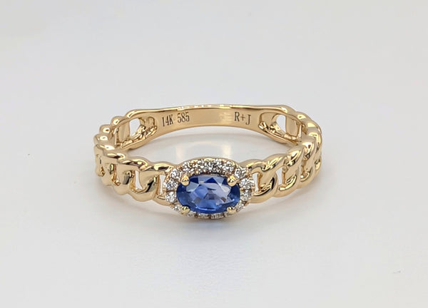 14K Yellow Gold Sapphire and Diamond Chain Link Ring