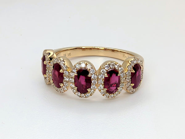 14K Yellow Gold Ruby and Diamond Multi-Halo Band
