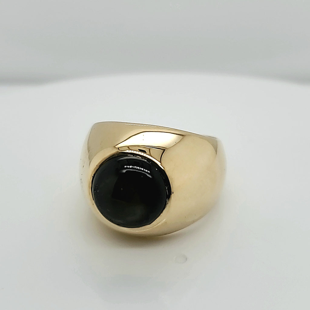 Mens Wide 14kt Yellow Gold Black Star Sapphire Ring