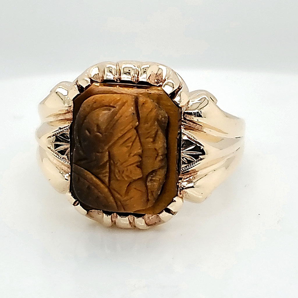 Vintage 1950S 10Kt Yellow Gold Double Head Carved Tigers Eye Cameo Ring