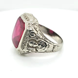 Mens Art Deco 14kt White Gold and Red Stone Buddha Ring