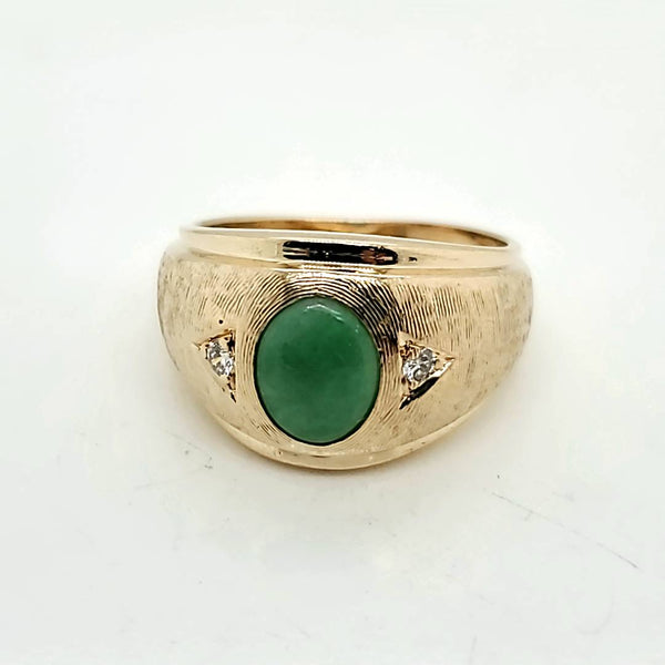 Vintage Mens 14kt Yellow Gold Diamond and Jade Ring