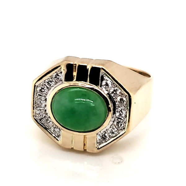 Vintage Mens 14kt Yellow Gold Diamond and Jade Ring