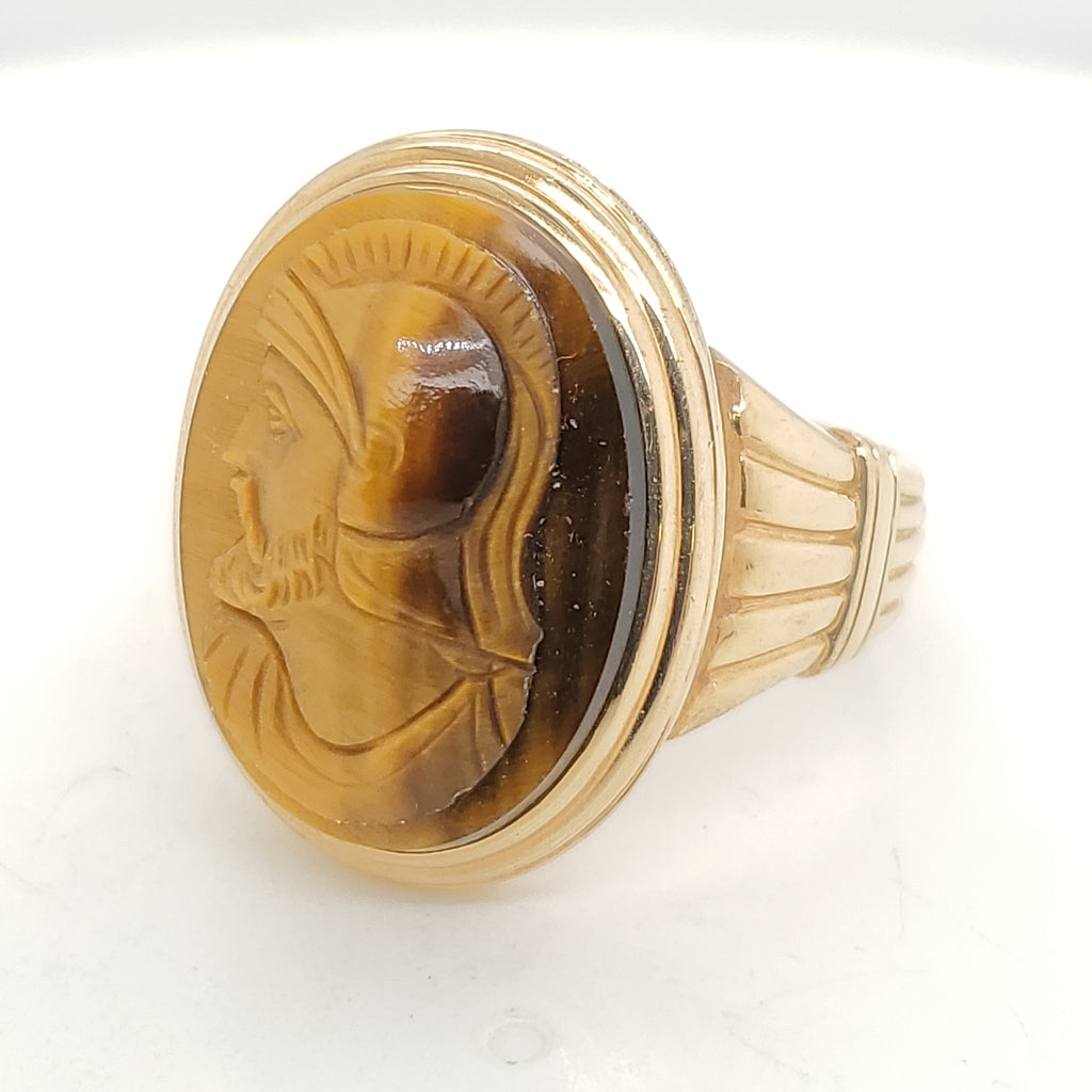 Vintage 1950S 10Kt Yellow Gold Carved Tigers Eye Cameo Ring