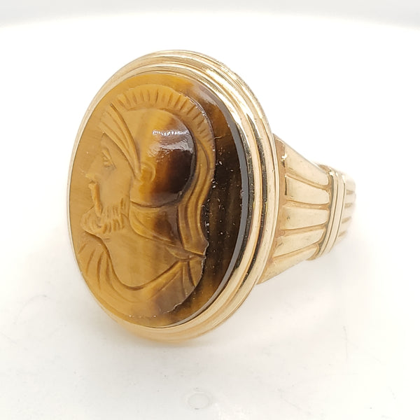 Vintage 1950S 10Kt Yellow Gold Carved Tigers Eye Cameo Ring