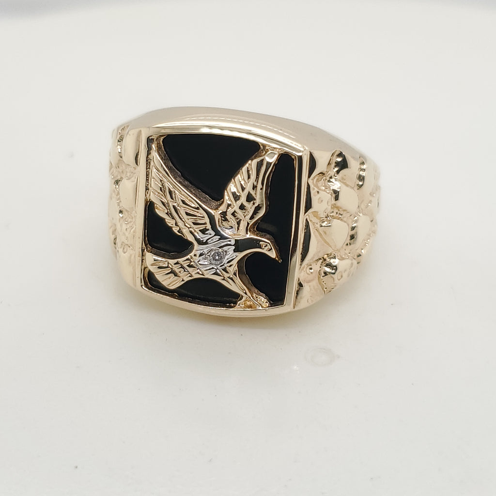 Mens 10Kt Yellow Gold Onyx and Diamond Eagle Ring