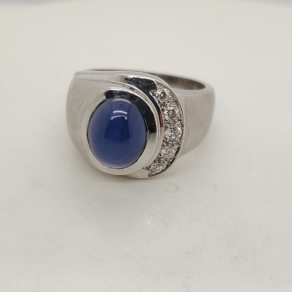 Vintage Mens 14kt White Gold Linde Star Sapphire and Diamond Ring