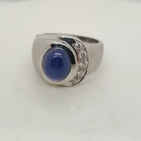 Vintage Mens 14kt White Gold Linde Star Sapphire and Diamond Ring