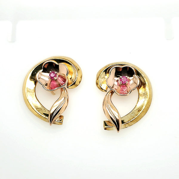 1940s retro 14kt yellow and rose gold ruby flower earrings
