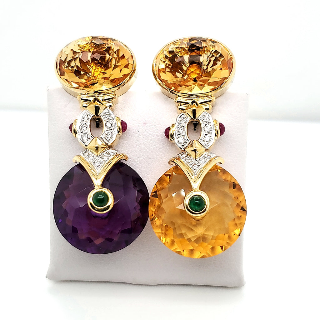 18kt yellow gold interchangeable amethyst & citrine dangle earrings