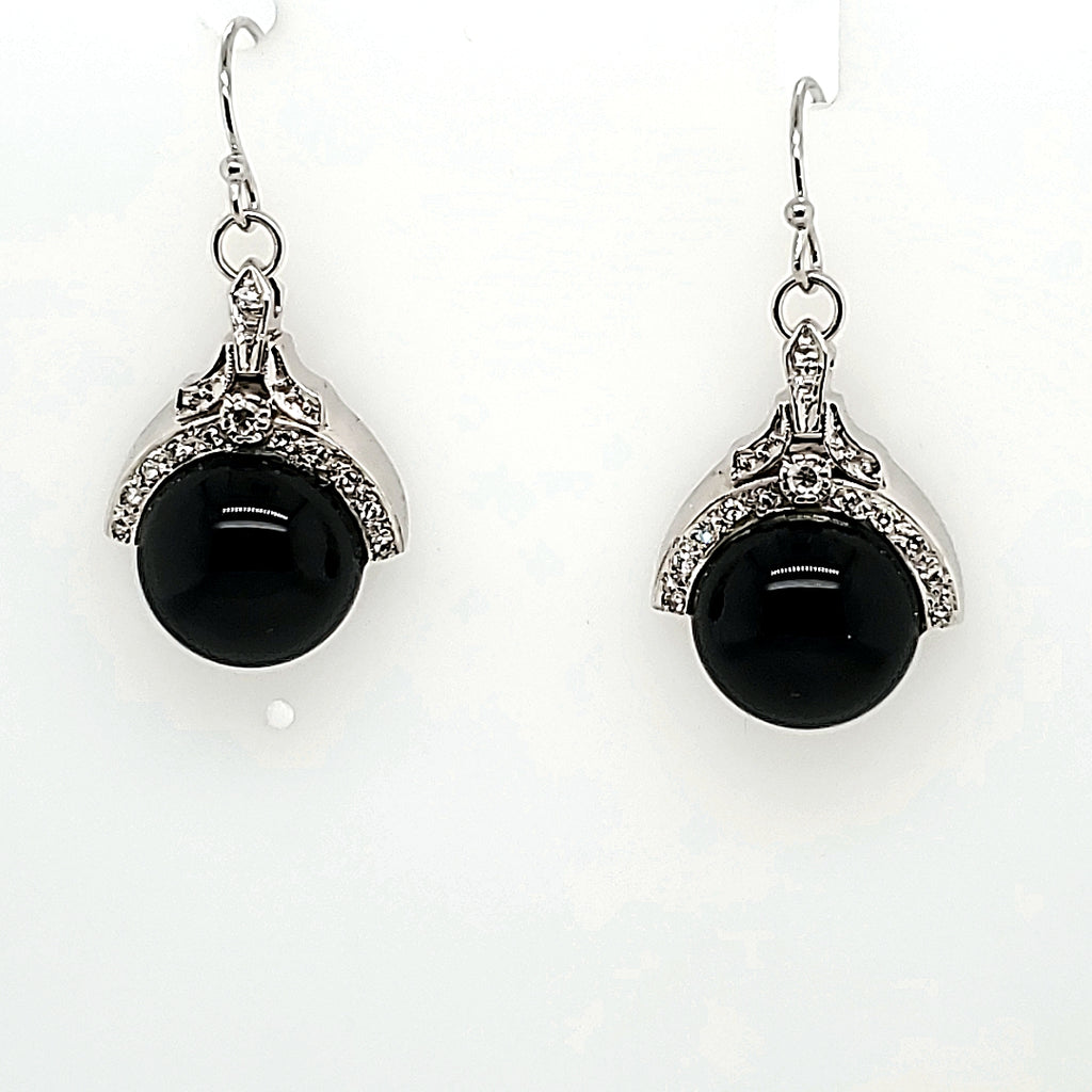 14kt white gold Art Deco diamond & onyx earrings