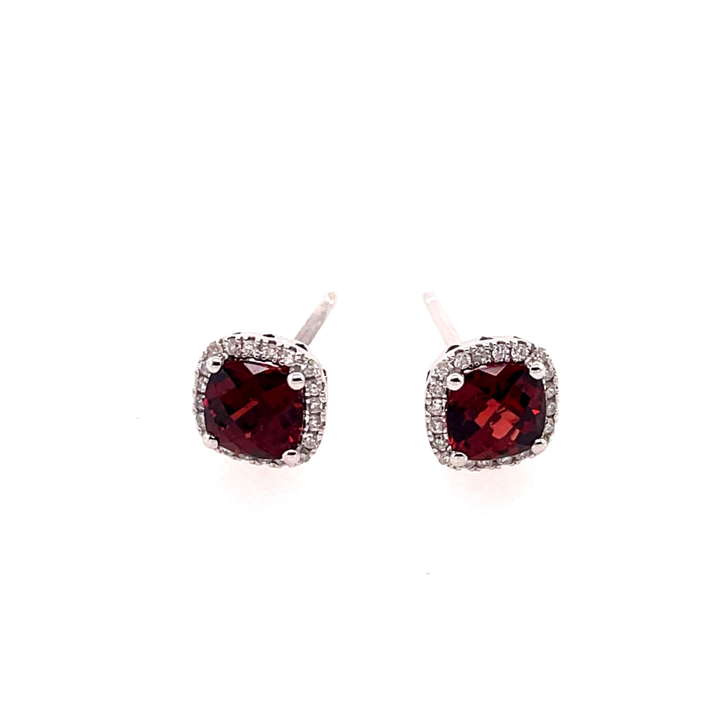 14kt White Gold Garnet And Diamond Stud Earrings