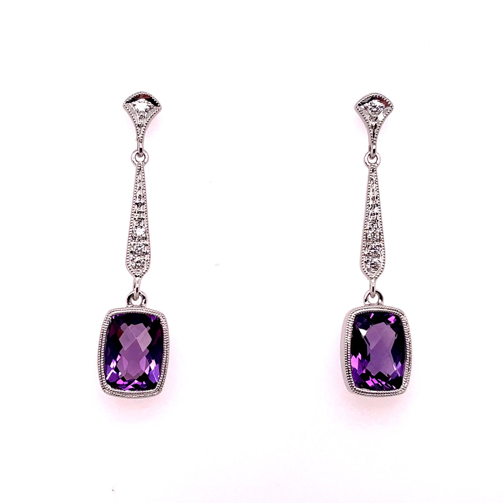 14kt White Gold Amethyst And Diamond Drop Earrings