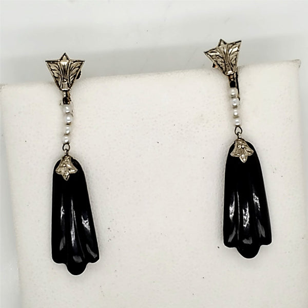 Art Deco Onyx and Pearl Screw Back Earrings