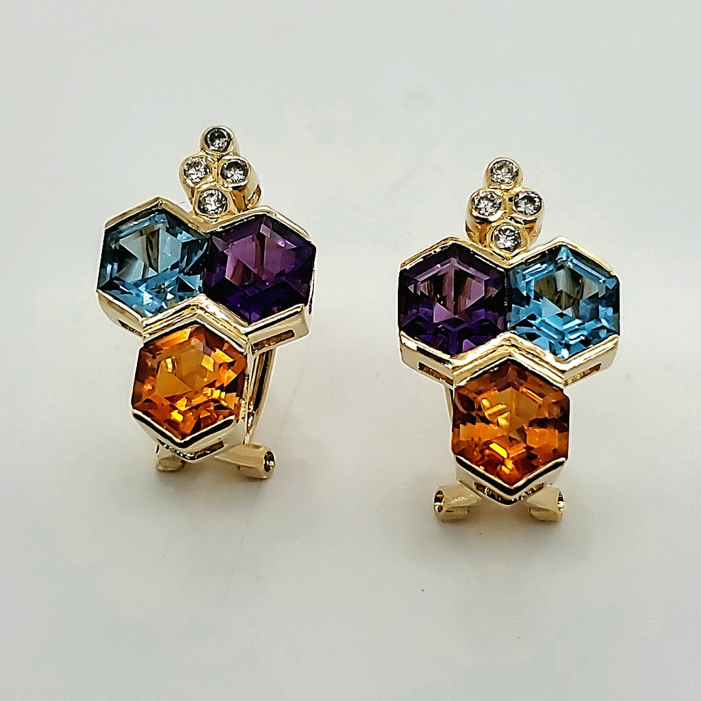 18kt Yellow Gold Citrine Blue Topaz Amethyst and Diamond Earrings