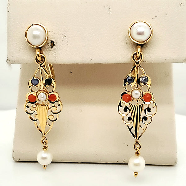 24kt Yellow Gold Sapphire Coral and Pearl Dangle Earrings