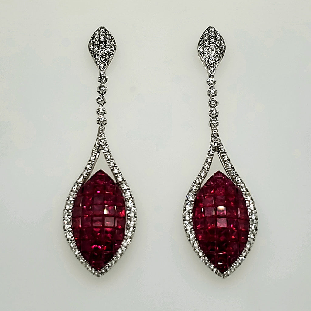 18kt White Gold Diamond and Ruby Dangle Earrings