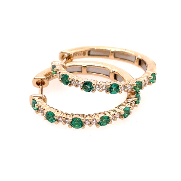 14kt yellow gold diamond and emerald hoop earrings by Fana.