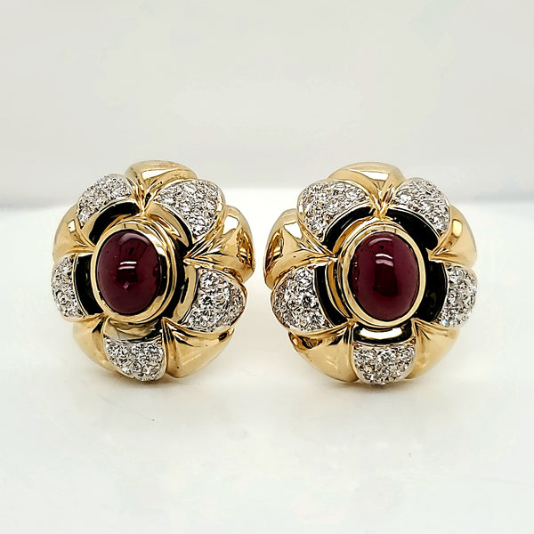 18kt Yellow Gold Cabochon Ruby and Diamond Earrings