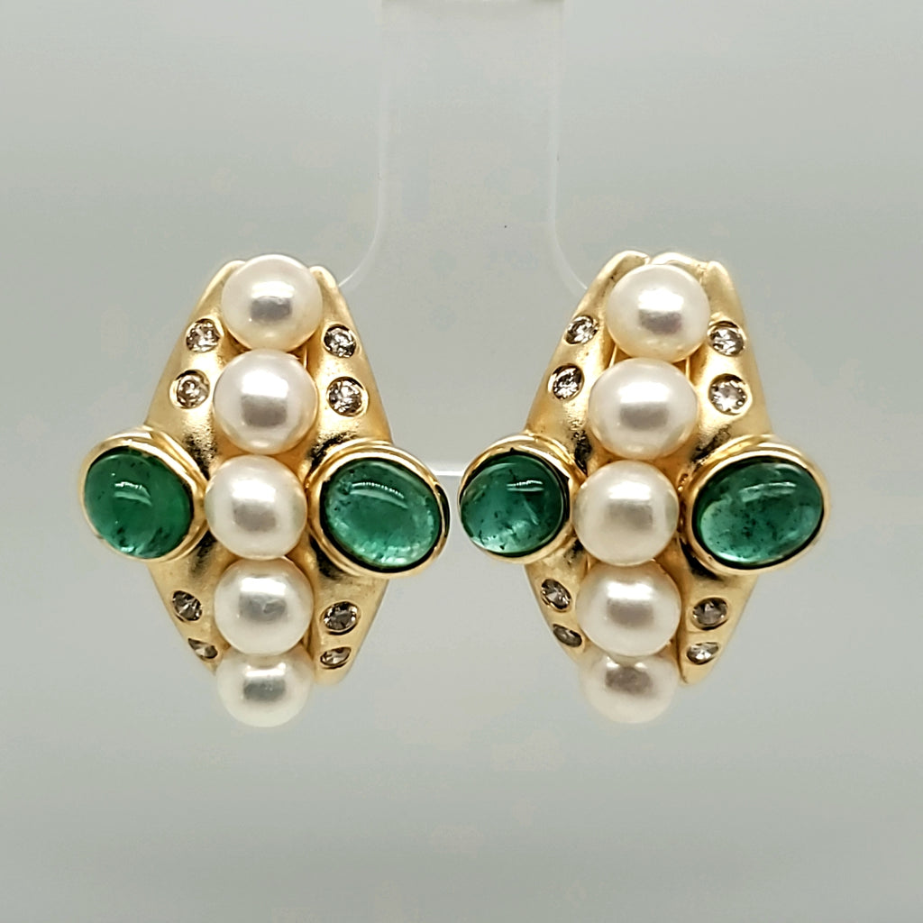 14kt Yellow Gold Emerald Pearl and Diamond Earrings