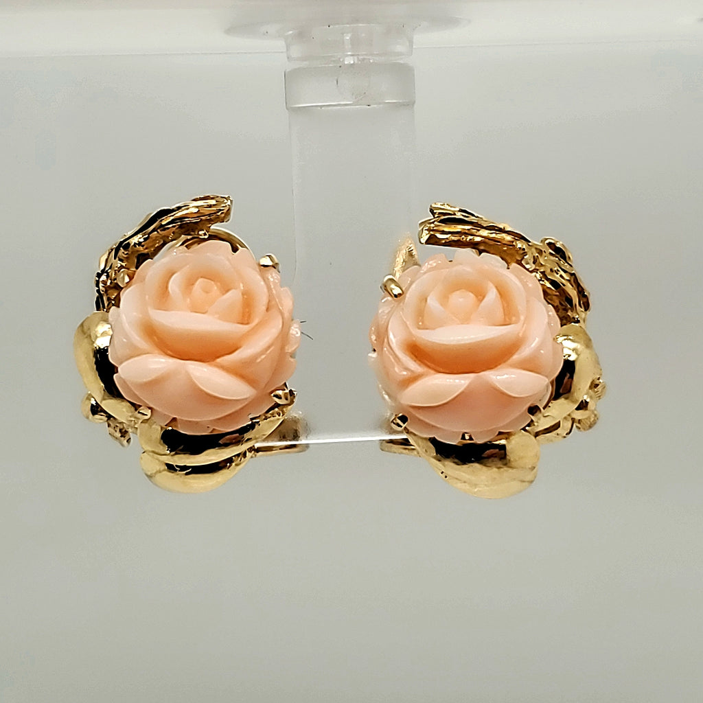 Vintage Mid-Century 14Kt Yellow Gold Angel Skin Coral Rose Earrings