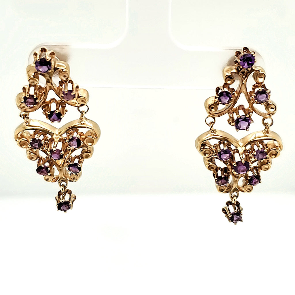 Modern Art Nouveau Style 14kt Yellow Gold and Amethyst Earrings