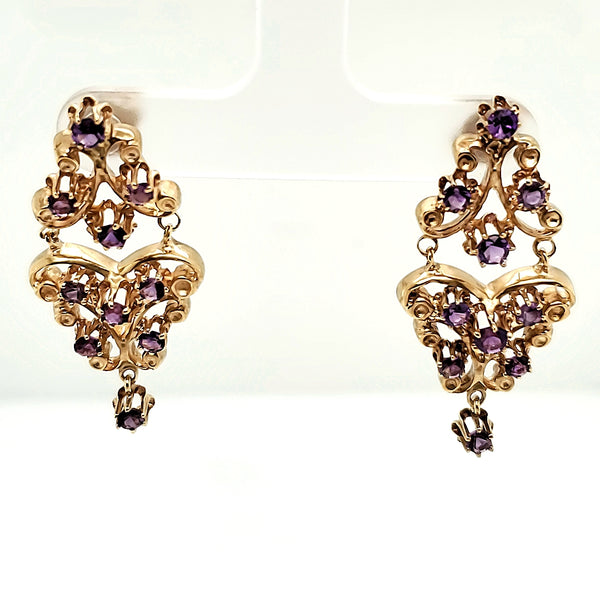 Modern Art Nouveau Style 14kt Yellow Gold and Amethyst Earrings