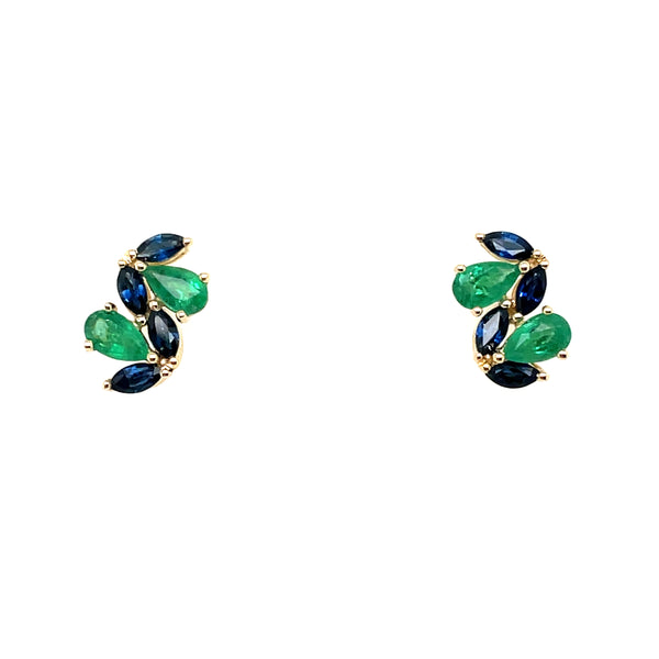 14kt Yellow Gold Water Drop Cluster Emerald And Sapphire Earrings