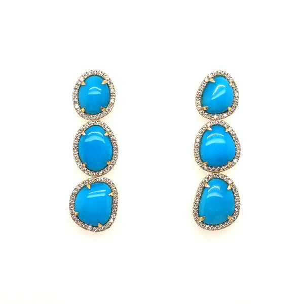 18kt Yellow Gold Turquoise And Diamond Three Drop Earrings