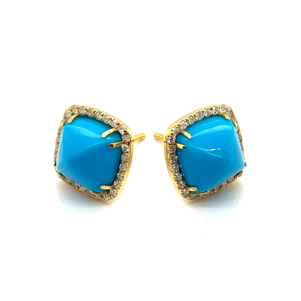 18kt Yellow Gold Turquoise And Diamond Square Stud Earrings