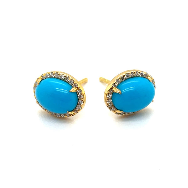 18kt Yellow Gold Turquoise And Diamond Oval Stud Earrings