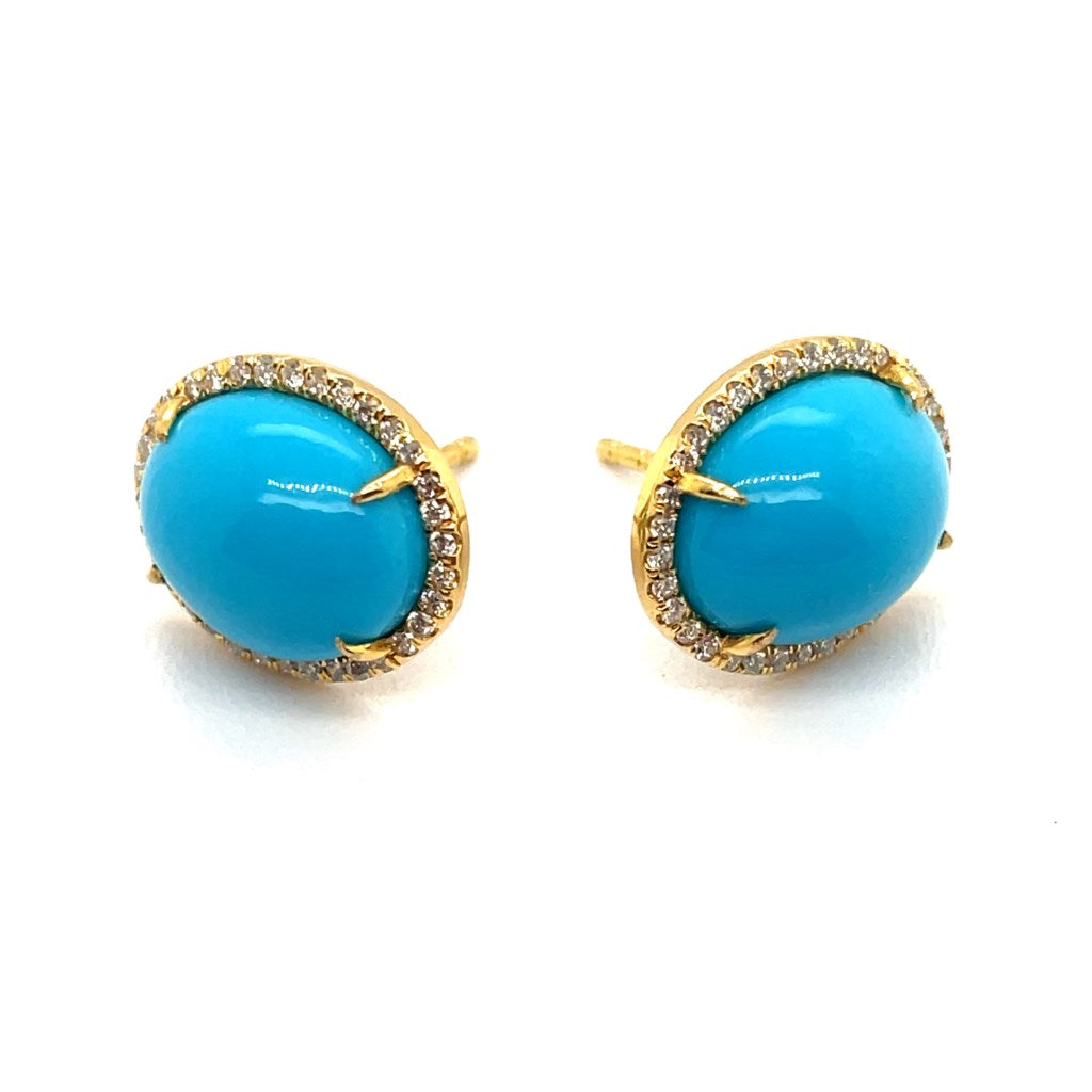 18kt Yellow Gold Turquoise And Diamond Oval Stud Earrings