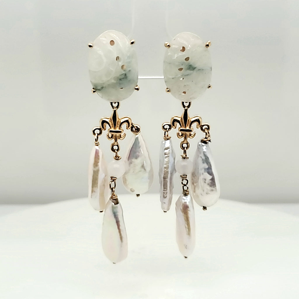 Maz 14kt Yellow Gold Jadeite Jade and Pearl Earrings