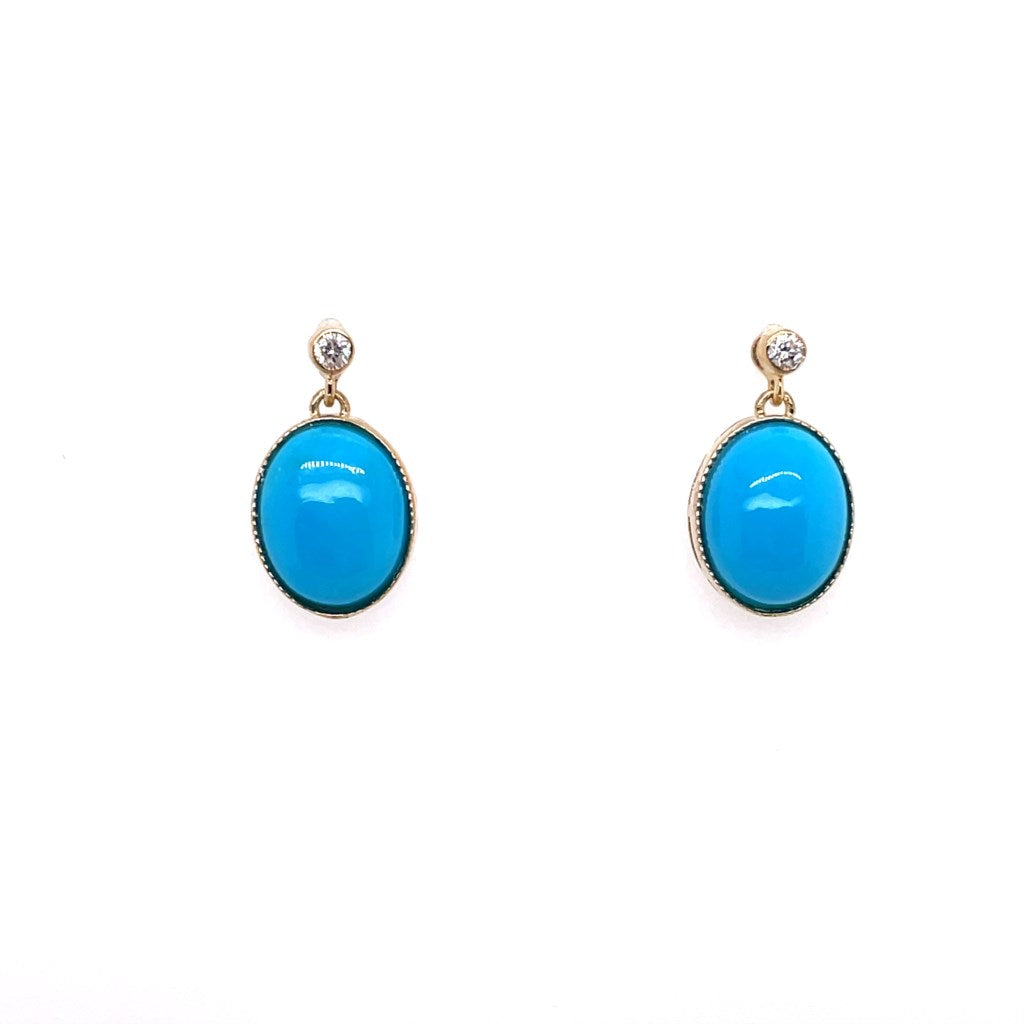 14kt Yellow Gold 10x8mm Cabochon Turquoise And Diamond Drop Earrings
