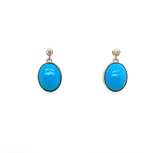 14kt Yellow Gold 10x8mm Cabochon Turquoise And Diamond Drop Earrings