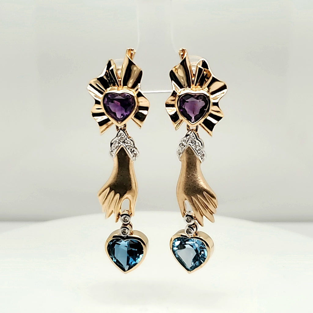 14kt Yellow Gold Hand Motif Blue Topaz and Amethyst Earrings