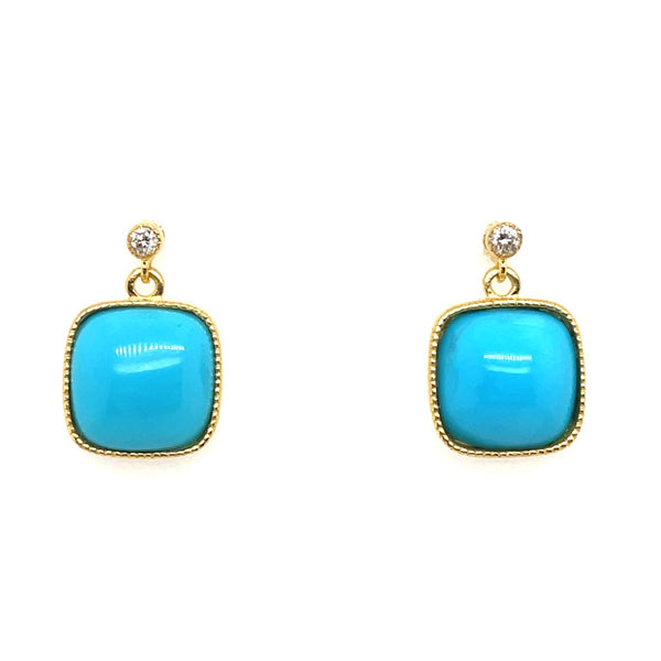 14kt Yellow Gold 10mm Cabochon Turquoise And Diamond Drop Earrings