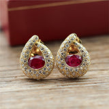 18k Yellow Gold Ruby and Pave Diamond Stud Earrings