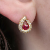 18k Yellow Gold Ruby and Pave Diamond Stud Earrings