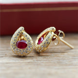 18k Yellow Gold Ruby and Pave Diamond Stud Earrings