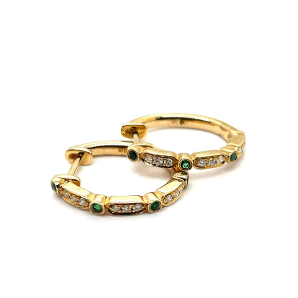 14kt yellow gold diamond and emerald hoop earrings