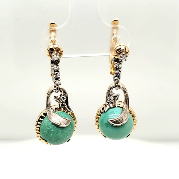 Antique Victorian 14kt Gold Turquoise and Diamond Earrings
