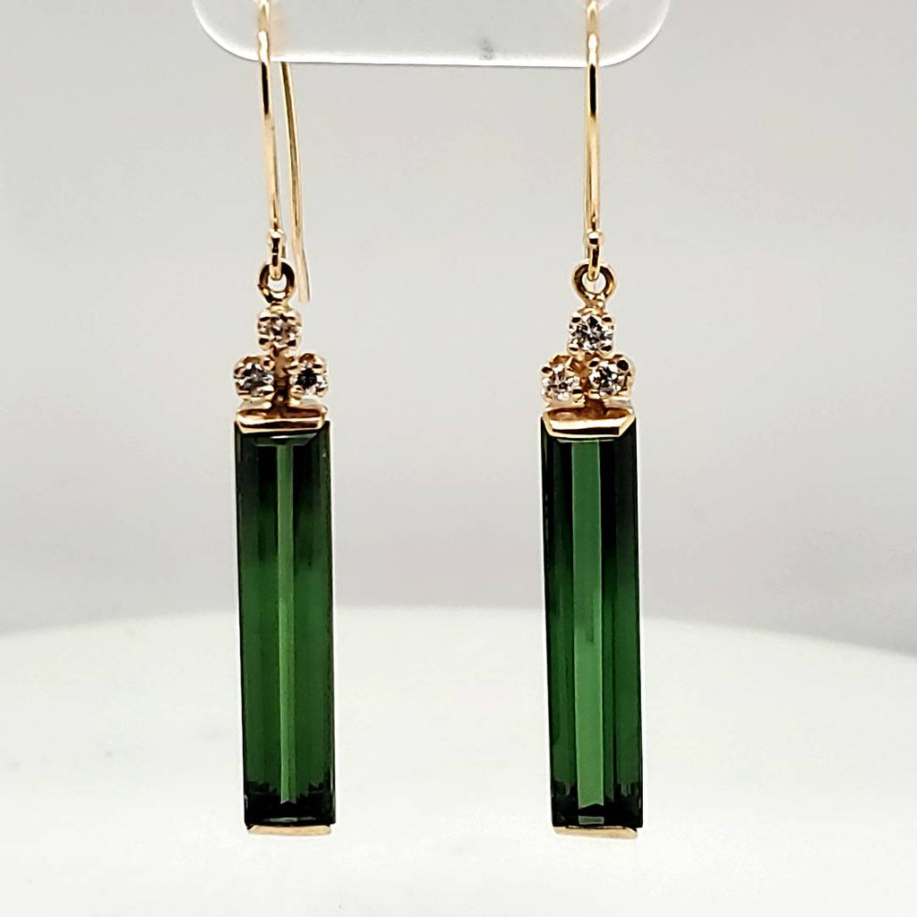 14kt Yellow Gold Elongated Green Tourmaline and Diamond Earrings