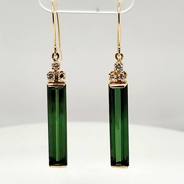 14kt Yellow Gold Elongated Green Tourmaline and Diamond Earrings