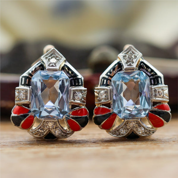 Art Deco 18kt Gold Aquamarine and Enamel Earrings