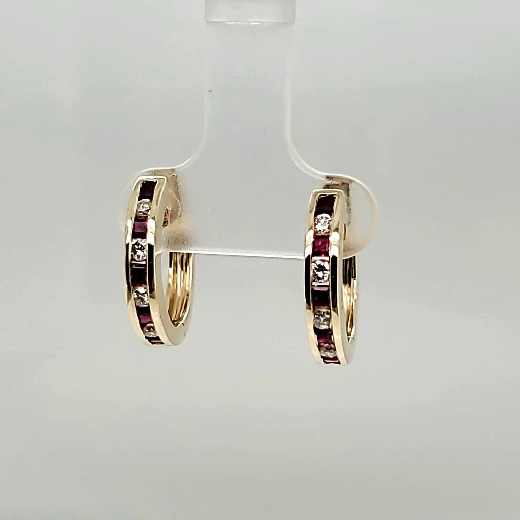 14kt Yellow Gold Ruby and Diamond Hoop Earrings